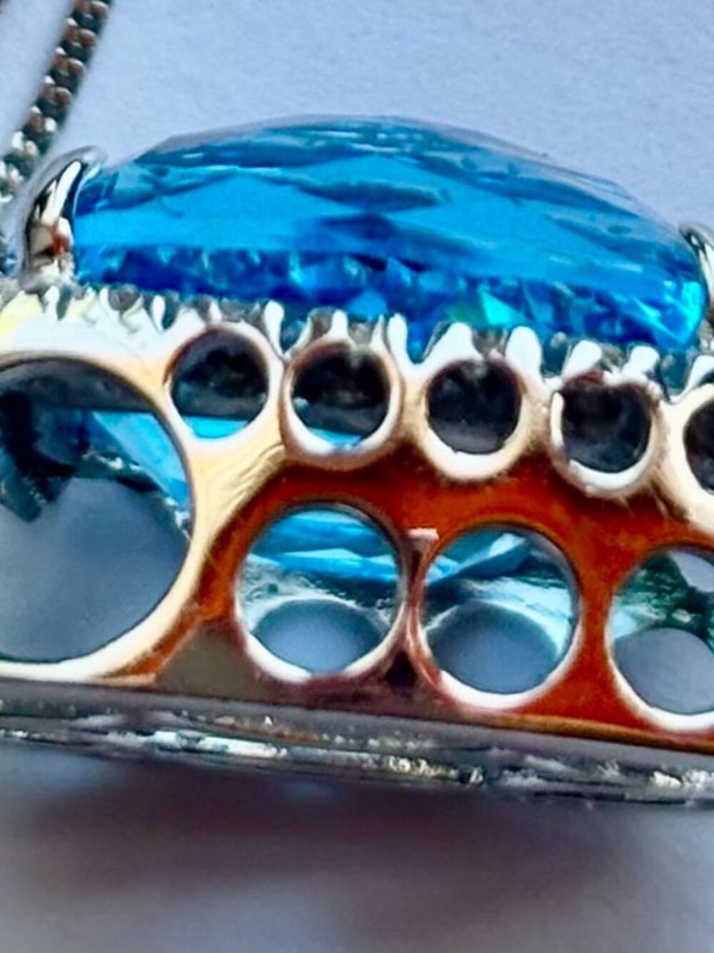 London Blue Topas and Diamonds Halo style 14k white gold Pendant with chain - Picture 3 of 9